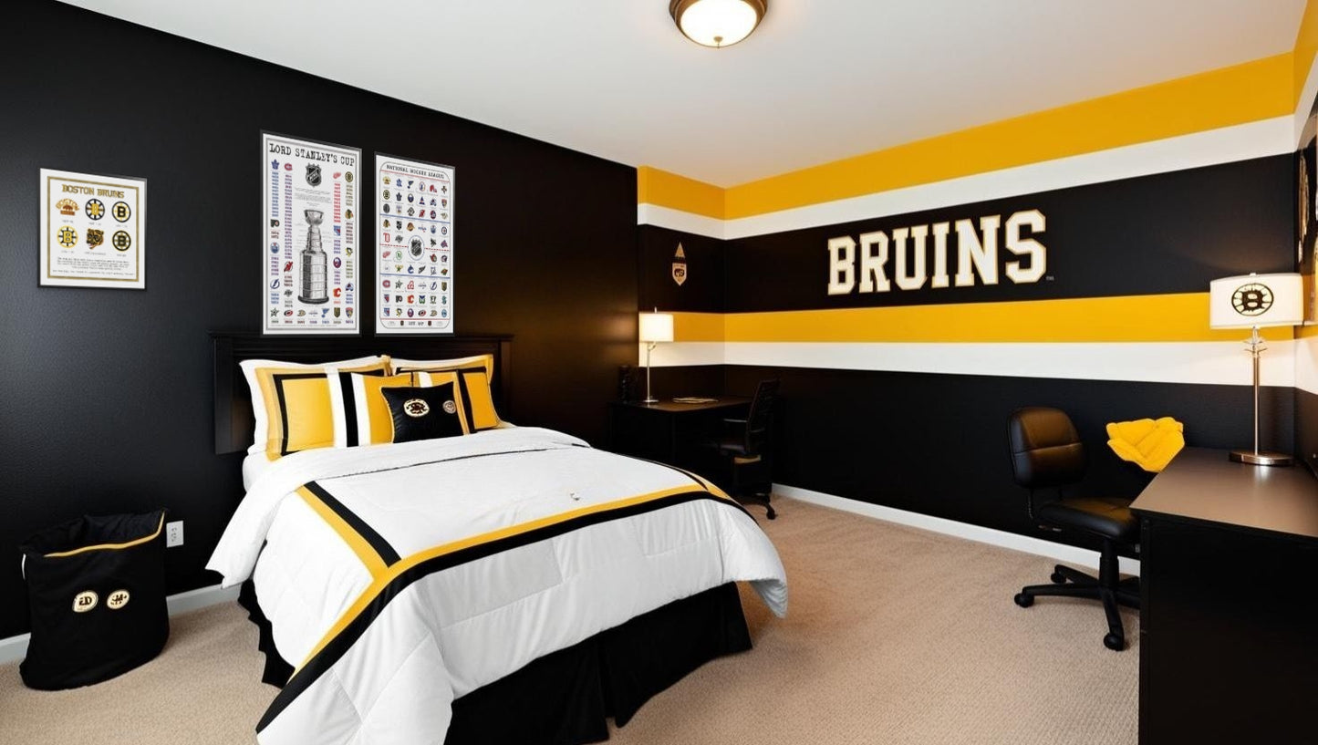 Boston Bruins themed bedroom with NHL logos artwork poster prints