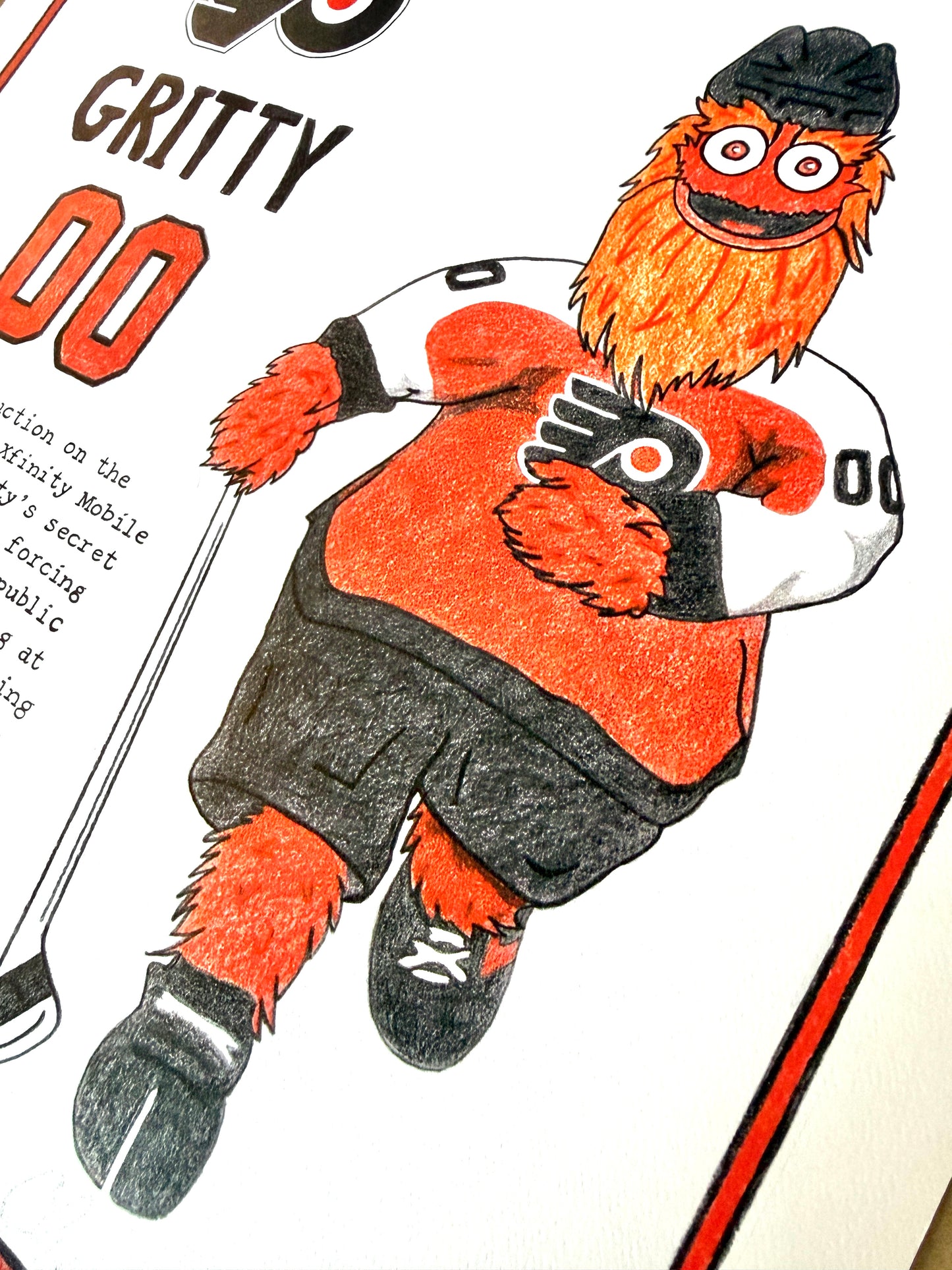 Illustration of Gritty, the Philadelphia Flyers mascot, holding a hockey stick on a white background.
