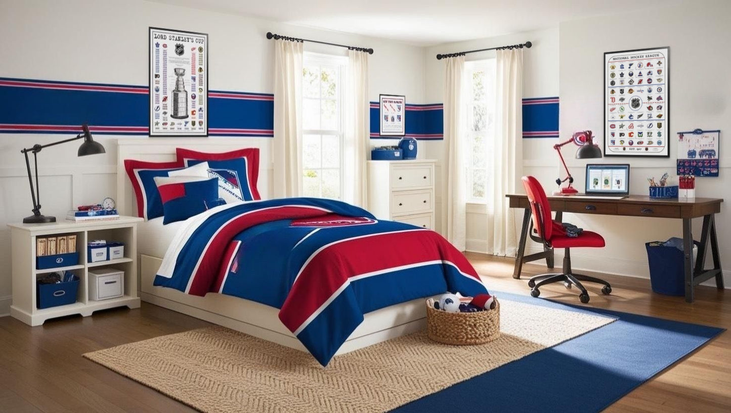 History of New York Rangers logos over time hockey artwork print, History of Stanley Cup poster and Evolution of hockey logos poster on boys bedroom walls. New York Rangers themed bedroom
