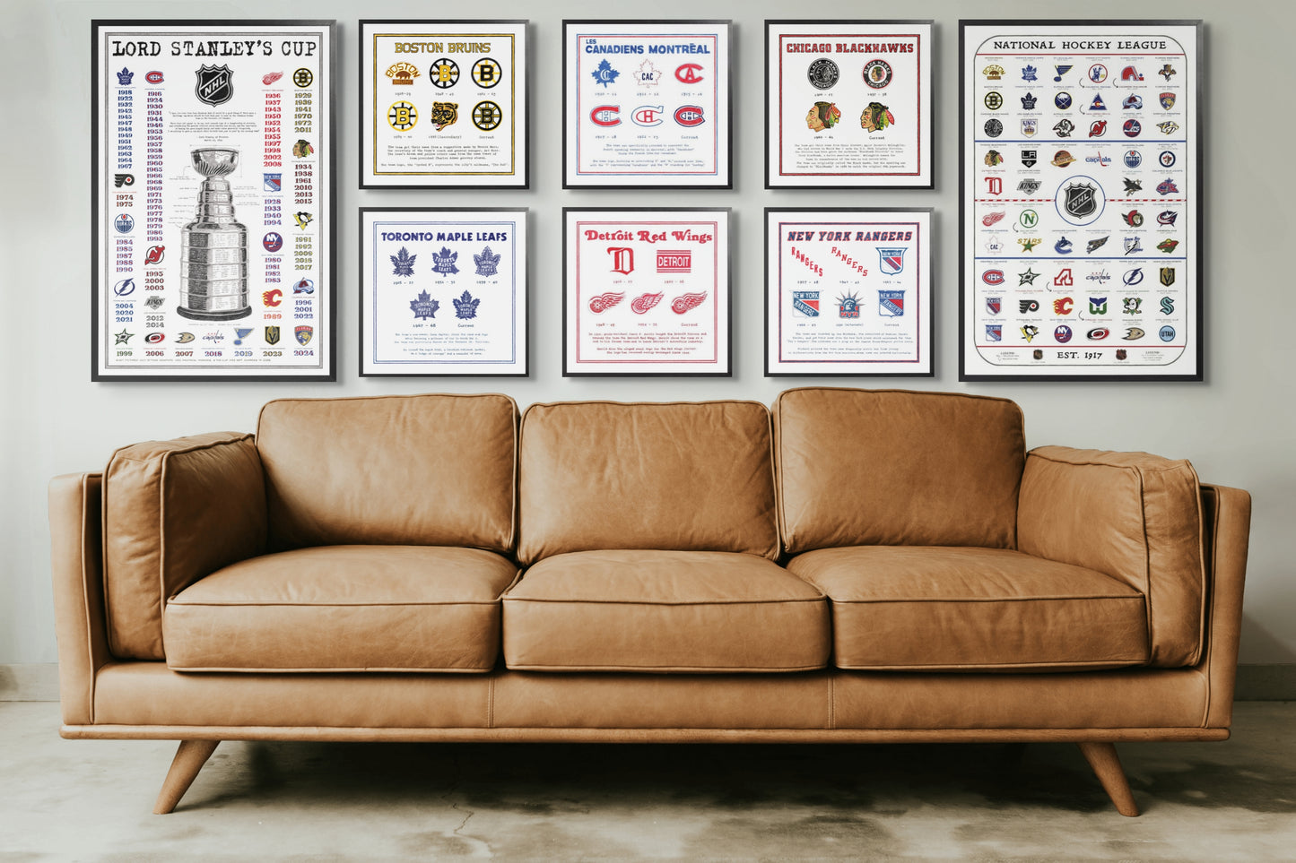 Hockey poster artwork prints for original 6, New York Rangers, Boston Bruins, Montreal Canadiens, Chicago Blackhawks, Toronto Maple Leafs, Detroit Red Wings, Stanley Cup and Evolution of NHL hockey Logos