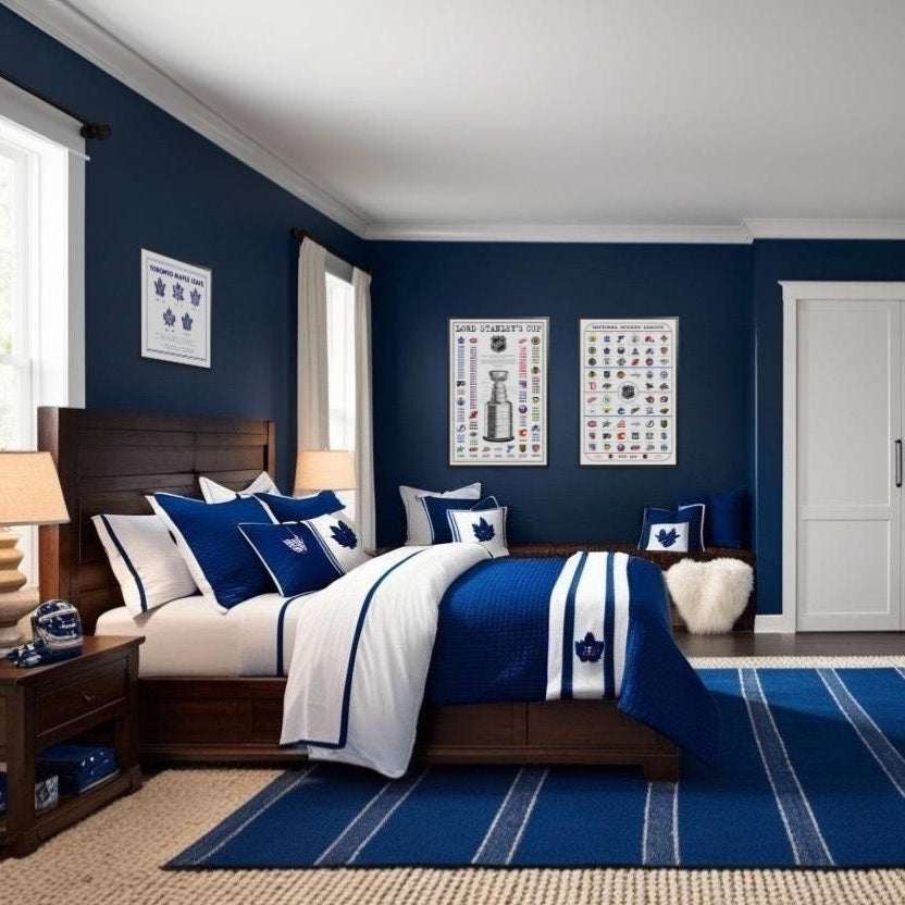 Toronto Maple Leafs Boys fan themed bedroom. Stanley Cup and Evolution of NHL Logos artwork prints posters