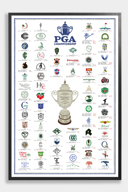 Framed poster with PGA Championship logos and trophy on a white background