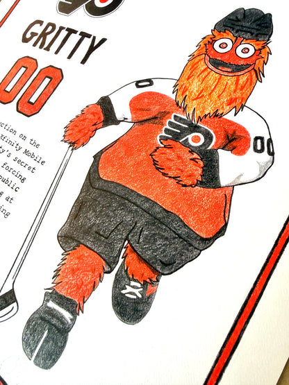 Illustration of Gritty, the Philadelphia Flyers mascot, holding a hockey stick on a white background.
