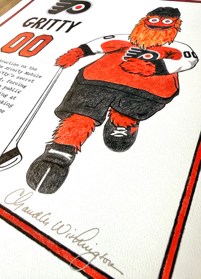 Illustration of a Gritty hockey mascot with text and signature on a white background