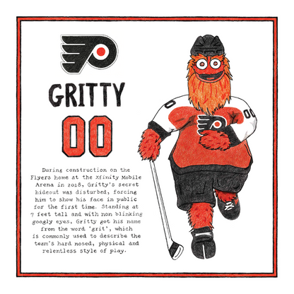Illustration of Gritty, the Philadelphia Flyers mascot, with text about him.