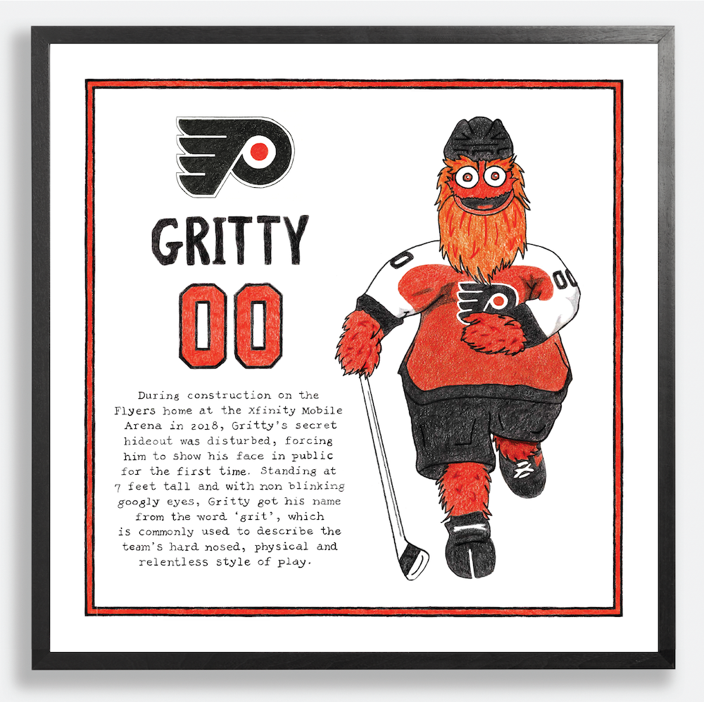 Framed print of Gritty, the Philadelphia Flyers mascot, with text about his history.