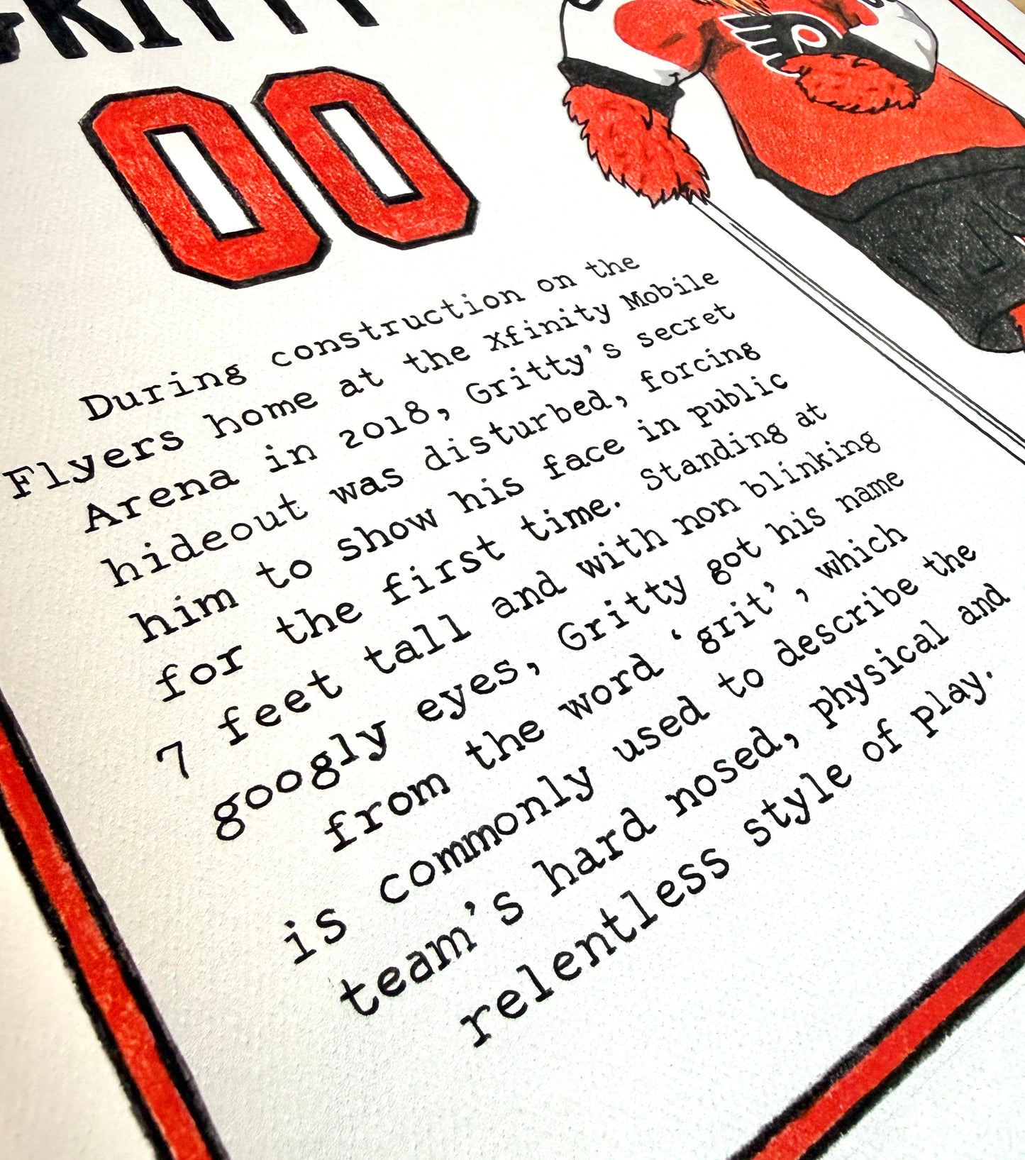 Text about Gritty, the mascot of the Philadelphia Flyers, with a close-up of a hockey stick and jersey.