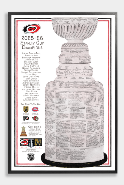A framed hockey poster featuring the Stanley Cup trophy with a detailed list of 2025-26 champions and multiple team logos along the left side, shown against a light gray background.