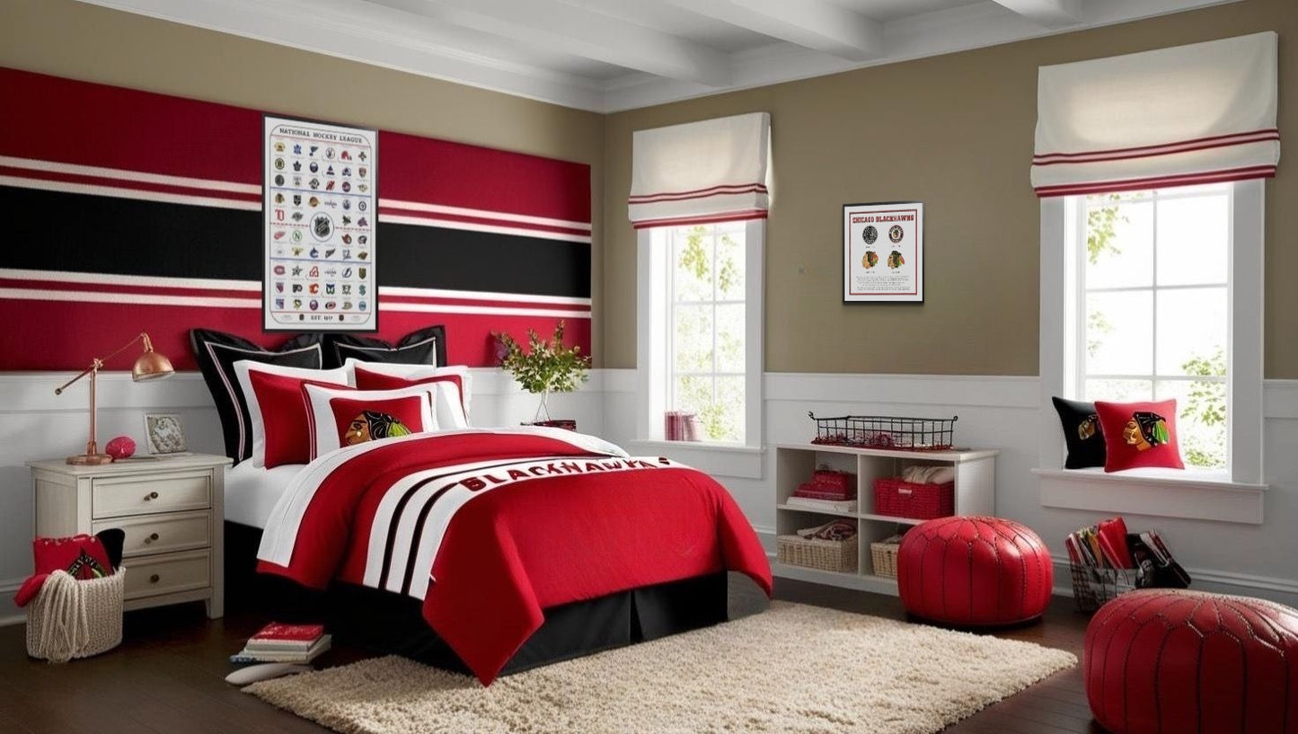 Chicago Blackhawks NHL themed boys/girls bedroom. Hockey logos artwork prints posters